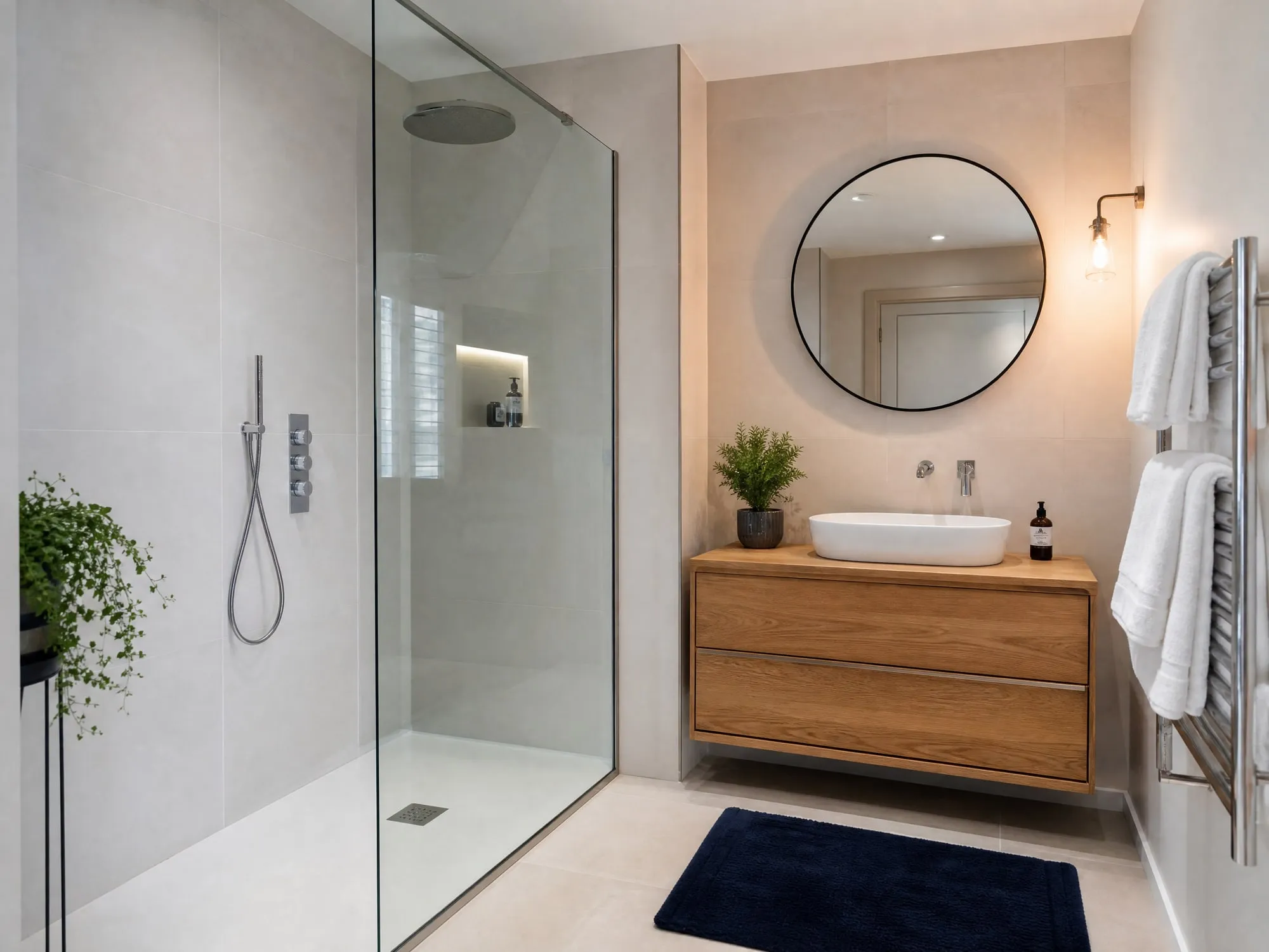 A bathroom with a walk-in shower and an oak vanity