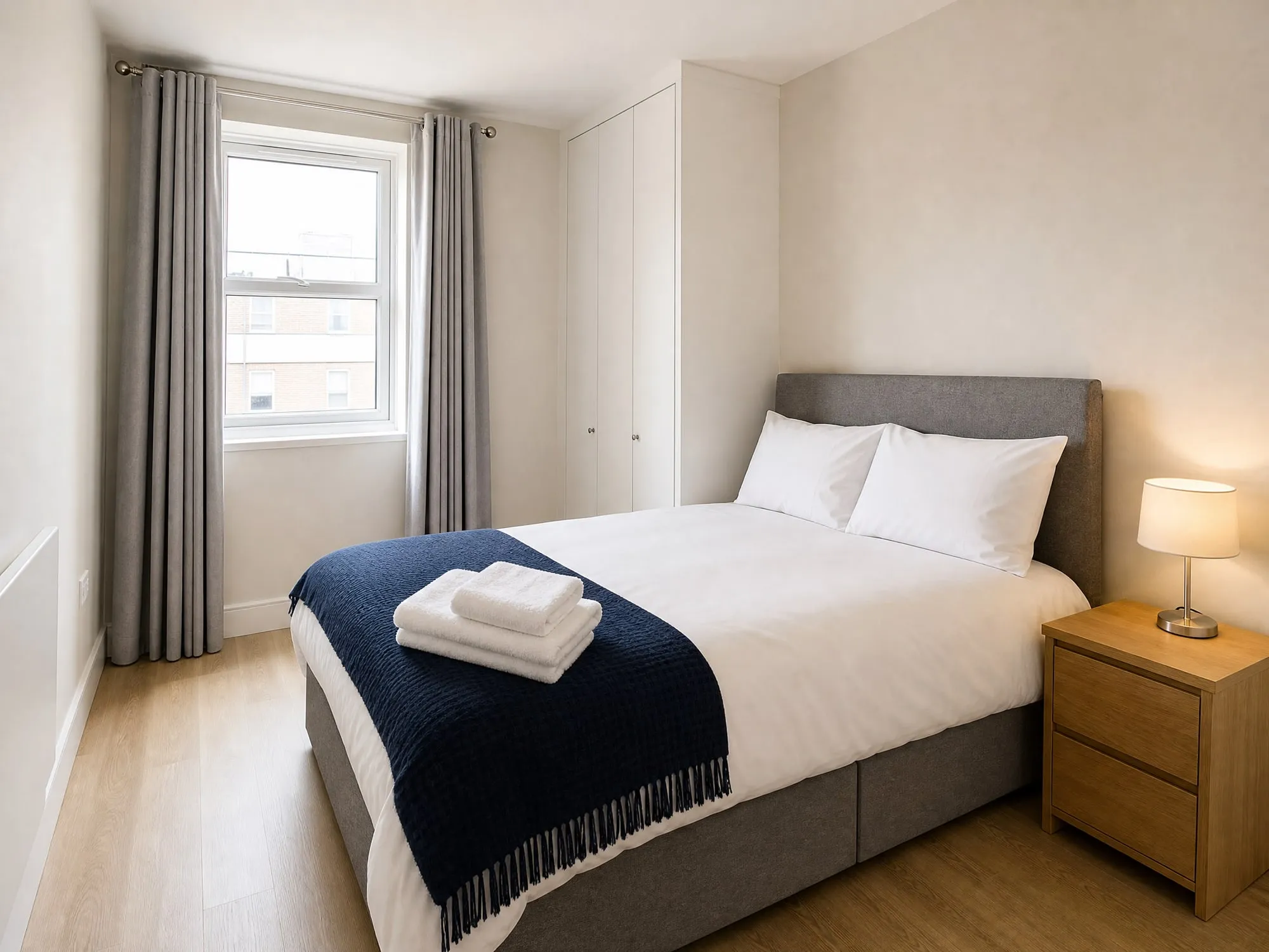 A double bedroom with crisp white linen, a navy throw and fresh towels folded on the bed