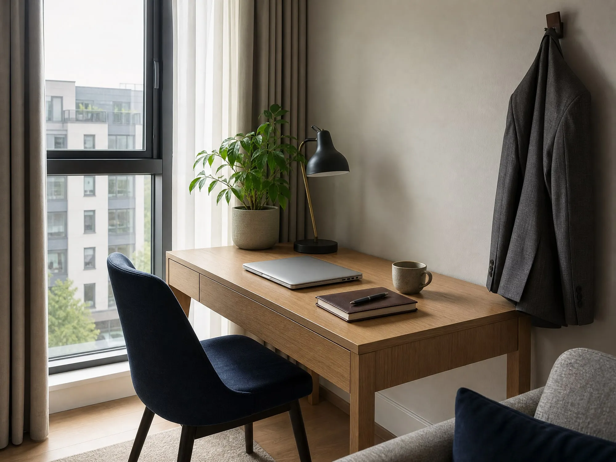 An oak desk by a tall window with a closed laptop, a notebook and a coffee cup, and a suit jacket on a hook