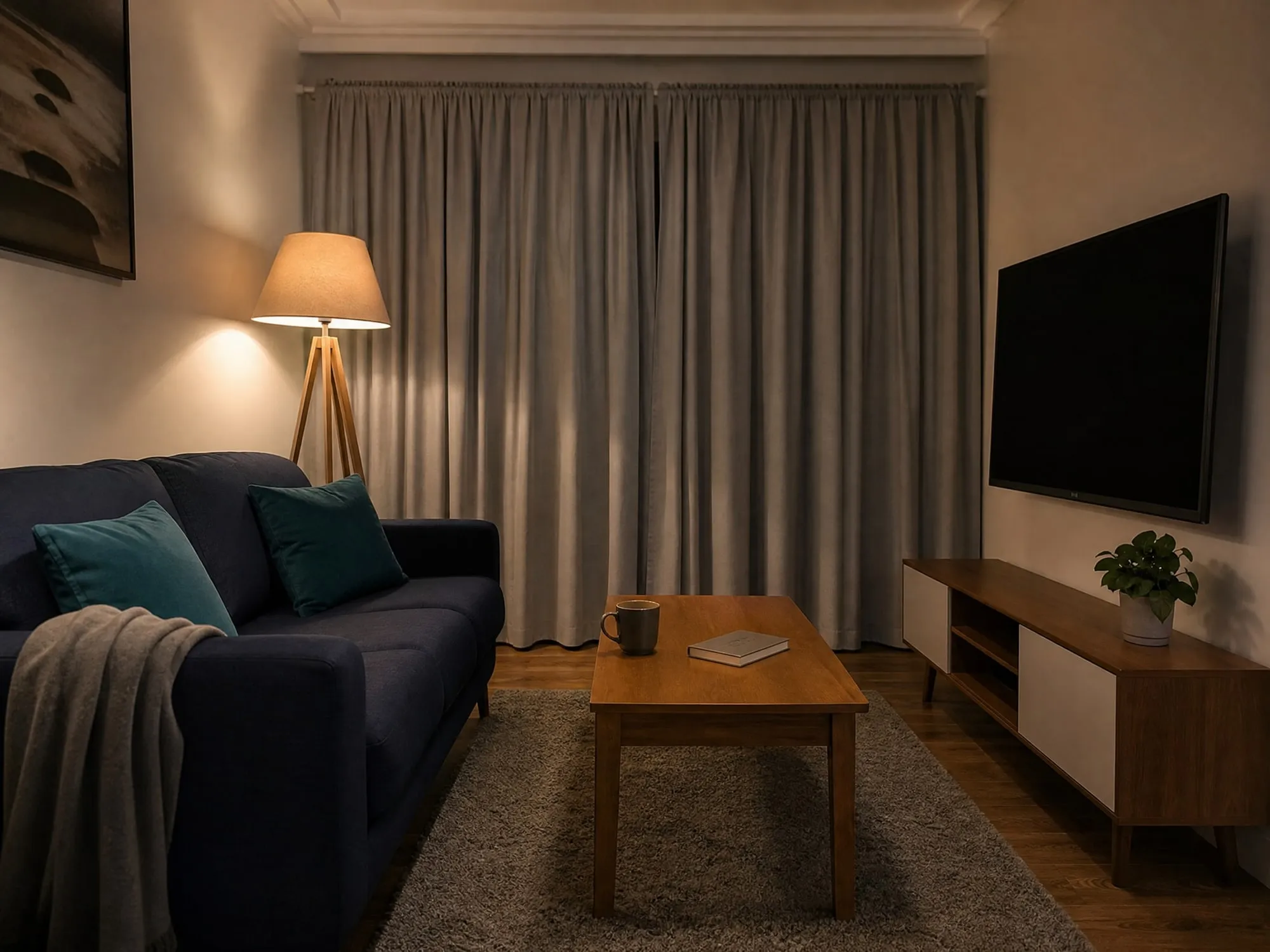 A cosy living room in the evening with a navy sofa and a warm floor lamp