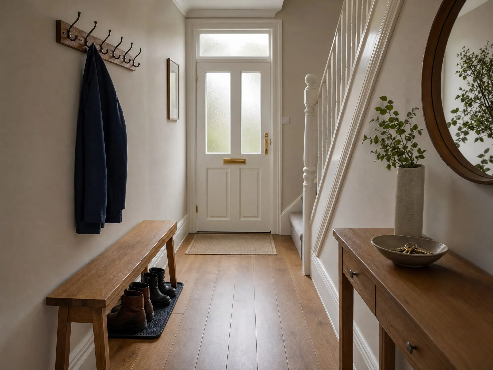 An entrance hall with coat hooks, a bench with work boots and a bowl for keys