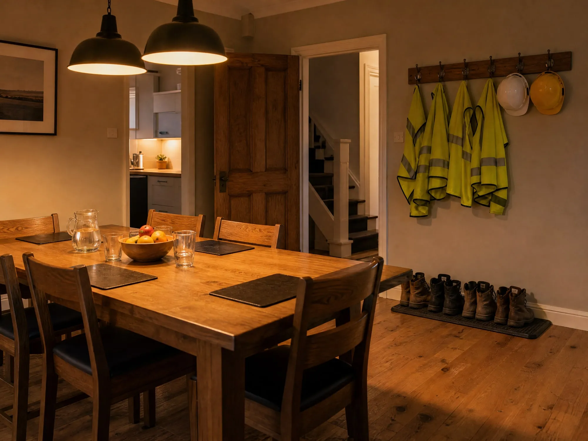 A long dining table set for a team, with hi-vis vests and hard hats on hooks and work boots by the door