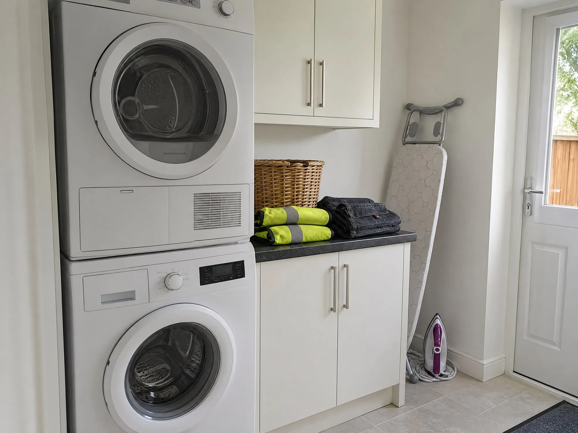 A utility corner with a washing machine and a dryer