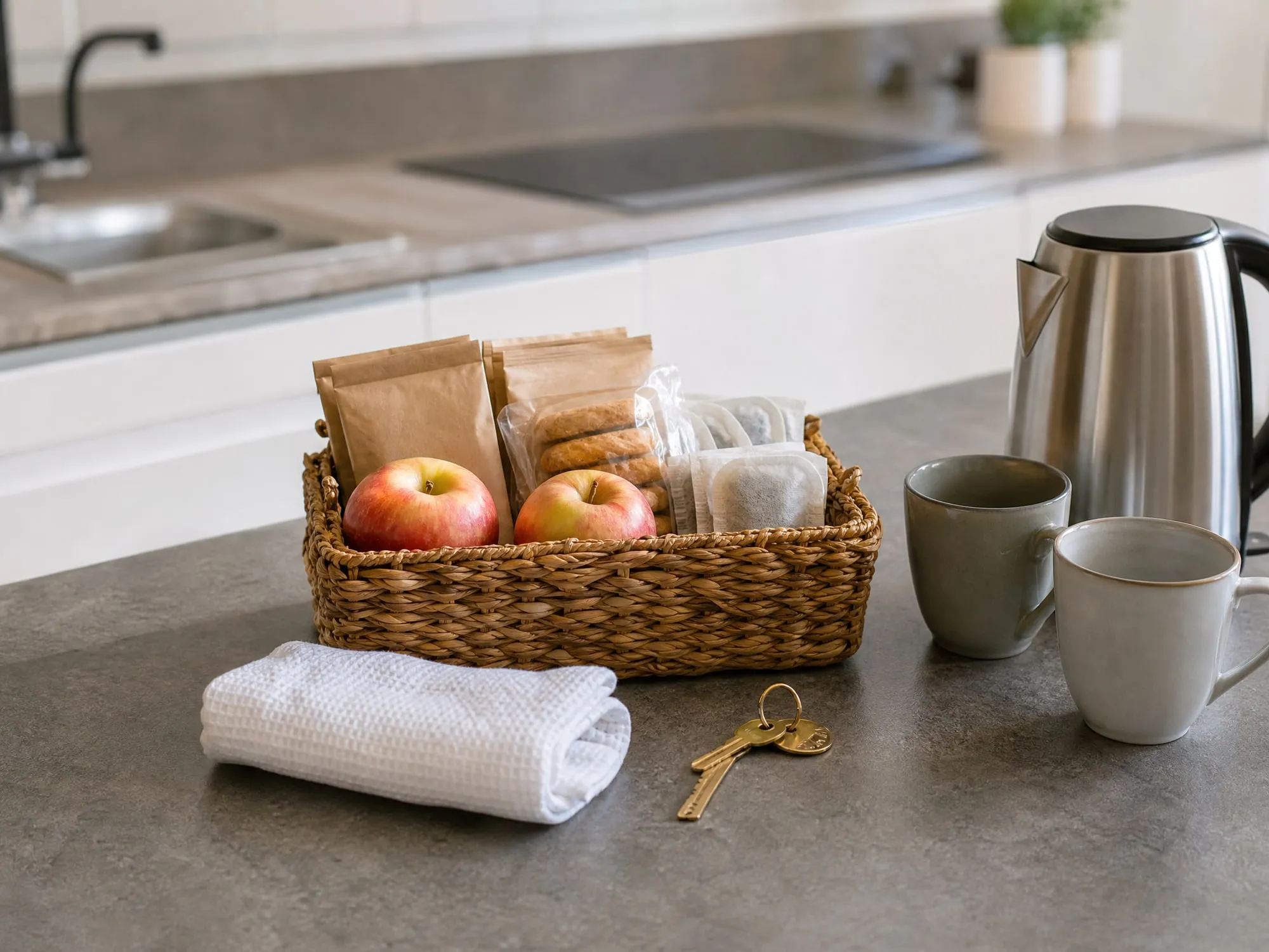 A welcome basket with tea, coffee and apples on a kitchen counter, with a set of keys beside it